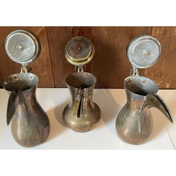 Brass Islamic Dallah Arabic Coffee Pots Middle Eastern India Set Of 3 - Picture 6 of 16